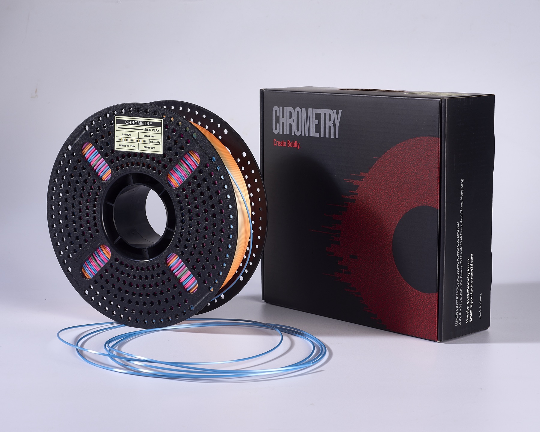Chrometry Silk Rainbow PLA+ spool and packaging