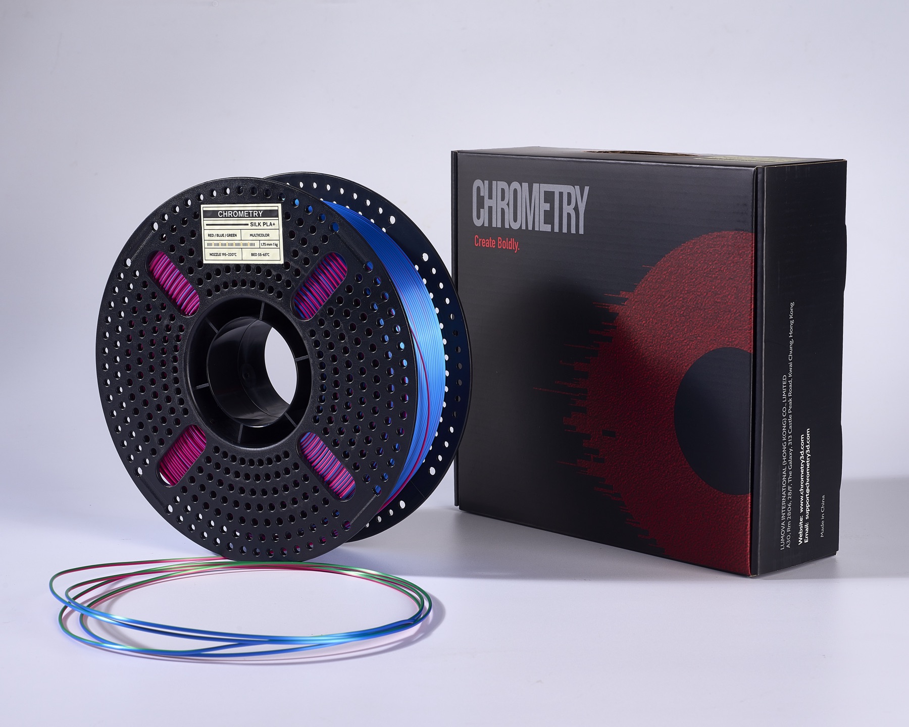 Chrometry Silk Tri-Color PLA+ (Red/Blue/Green) spool and packaging